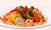 photo:エビ・ホタテ貝と色どり野菜のスパゲッティ